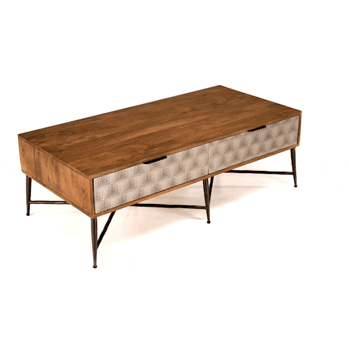Table de salon bois exotique pieds métal croisés 2 tiroirs motifs losanges KANHA