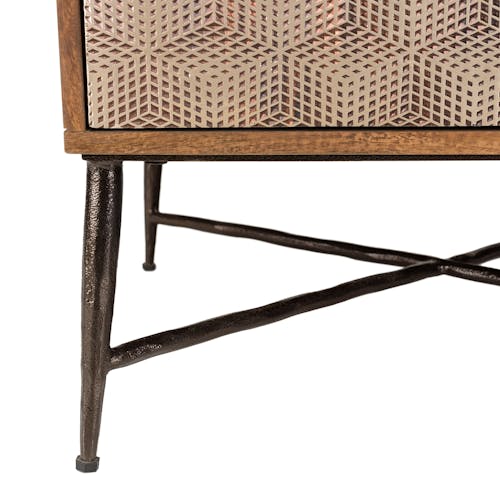 Table de salon bois exotique pieds métal croisés 2 tiroirs motifs losanges KANHA