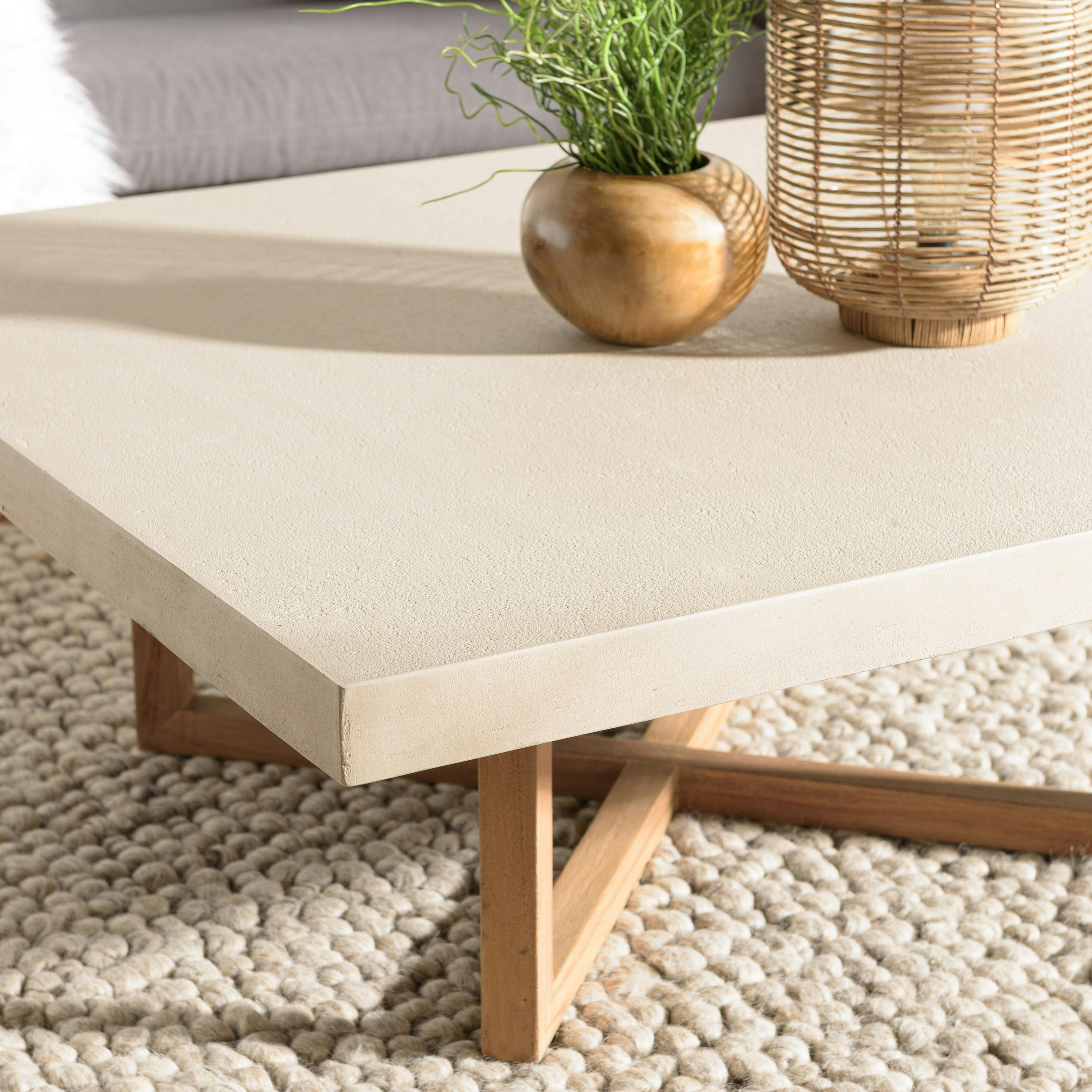 Table de salon carrée béton beige pieds bois croisés DIKA