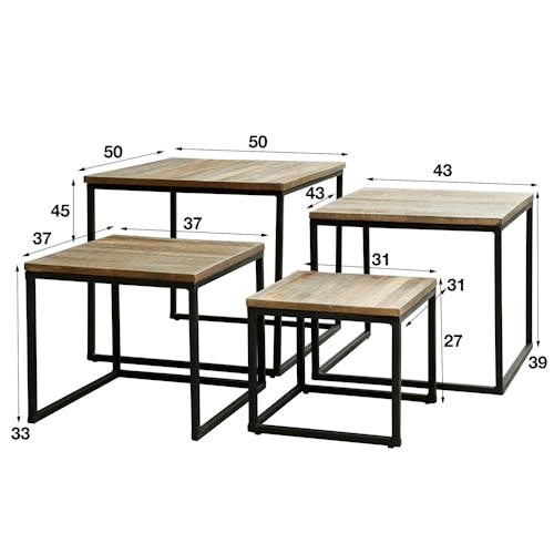 Table de salon carrée lamelles de teck recyclé grisé JAVA (lot de 4)