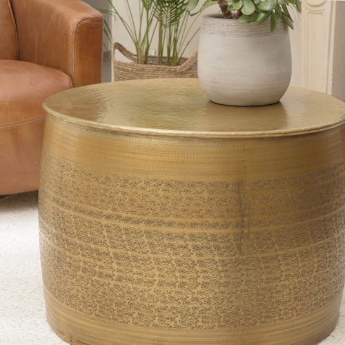 Table de salon ronde alu doré antique motifs orientaux NADOR