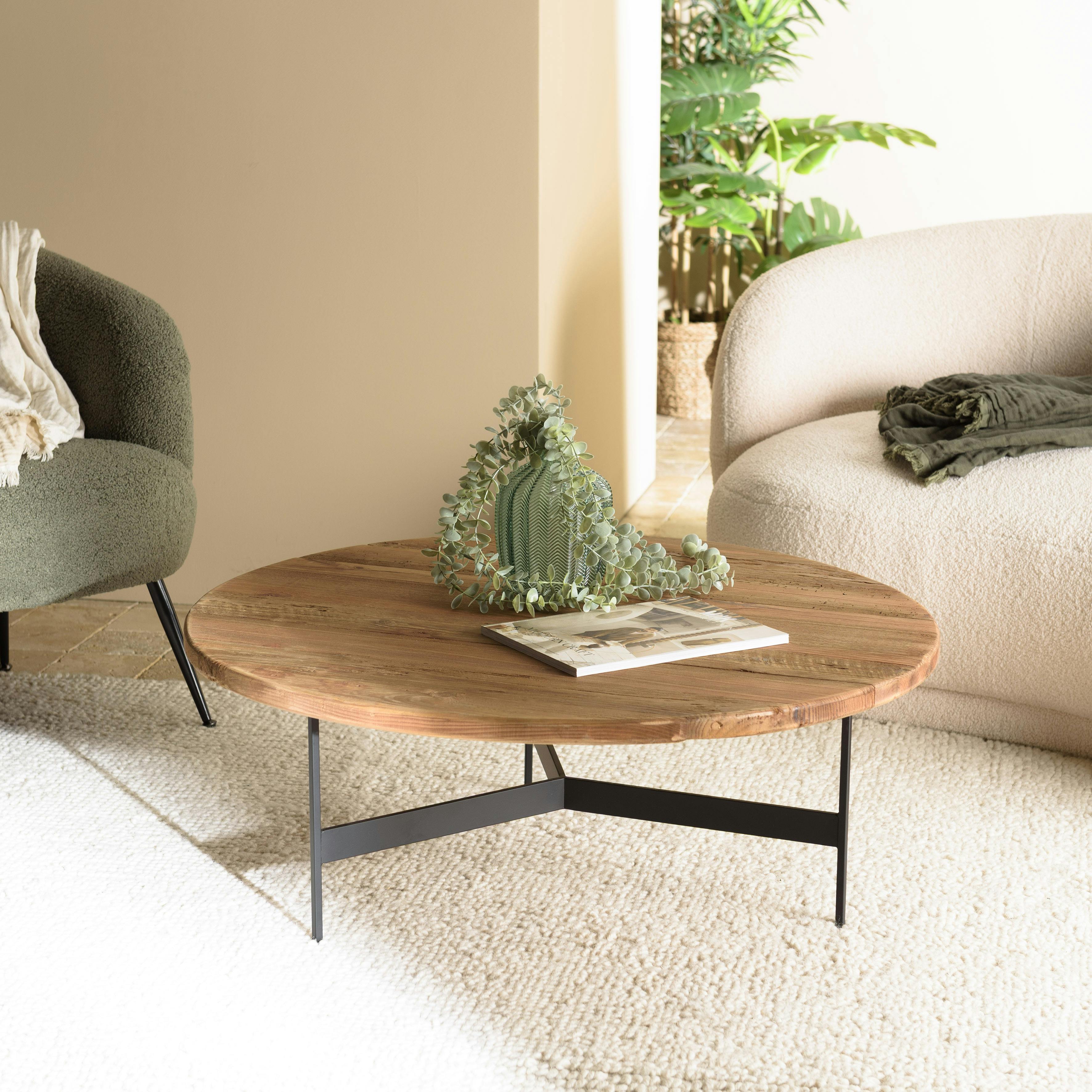 Table de salon ronde pin recyclé et métal 90 cm CRACOVIE