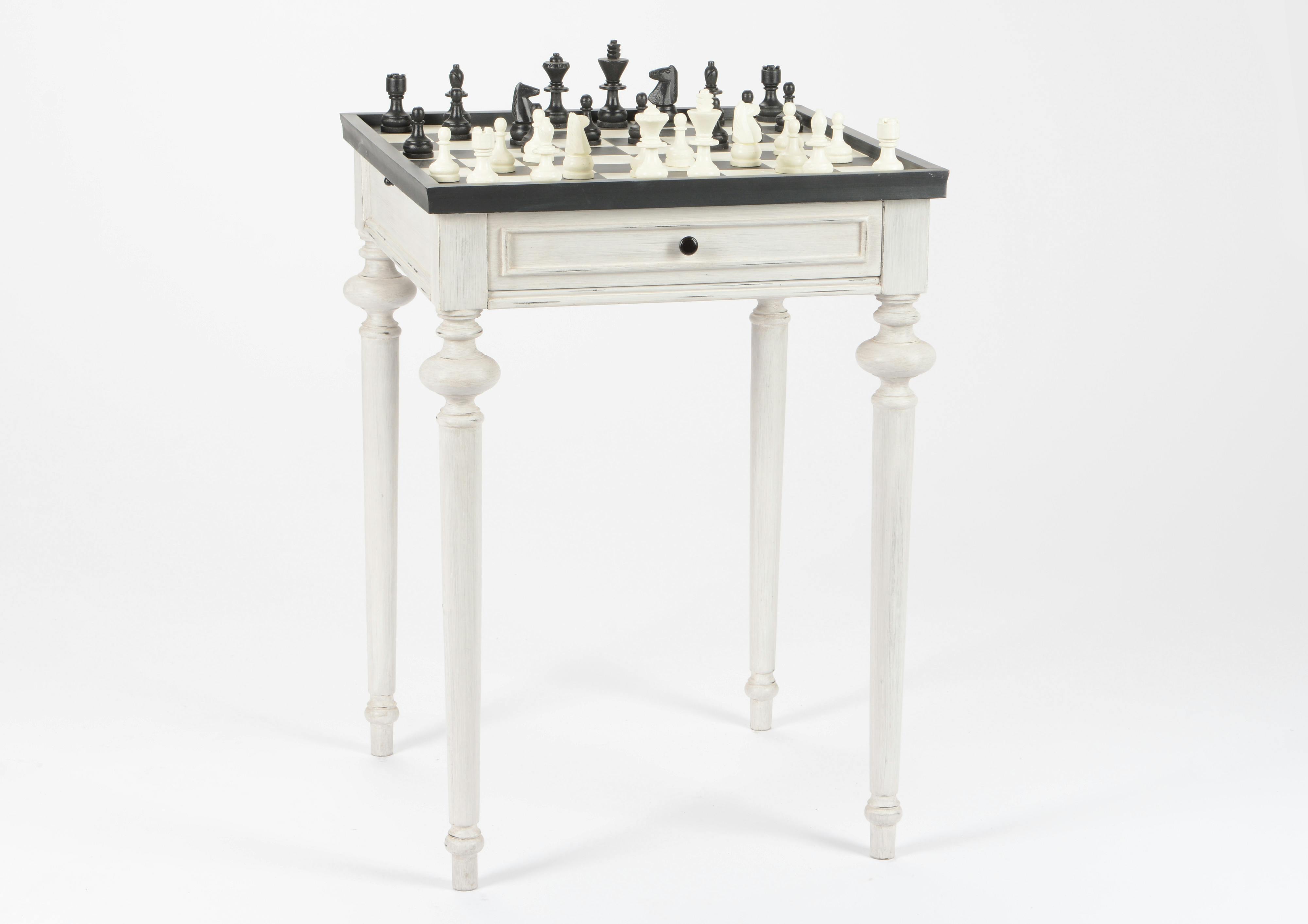 Table d'échec Baroque 1 tiroir HERITAGE bois blanchi plateau anthracite Echiquier 50x50x76cm AMADEUS