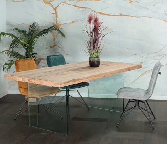 Table extensible en chêne blanc bords naturels et verre 200 cm PALERME