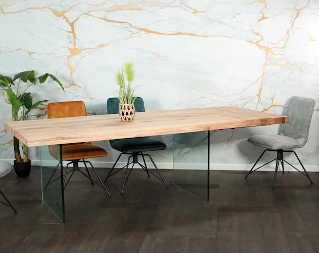 Table extensible en chêne blanc bords naturels et verre 200 cm PALERME
