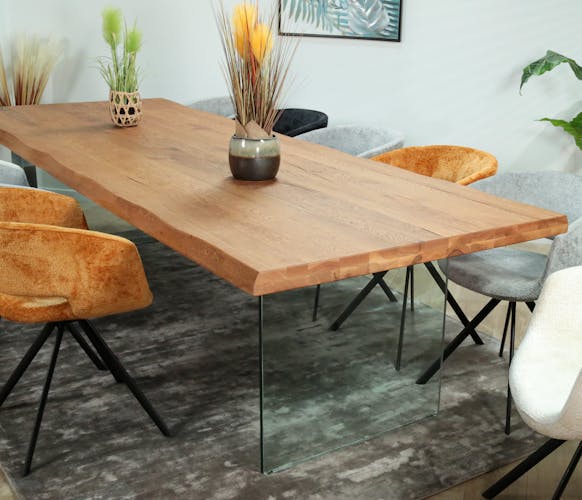 Table extensible en chêne huilé bords naturels et verre 300 cm PALERME