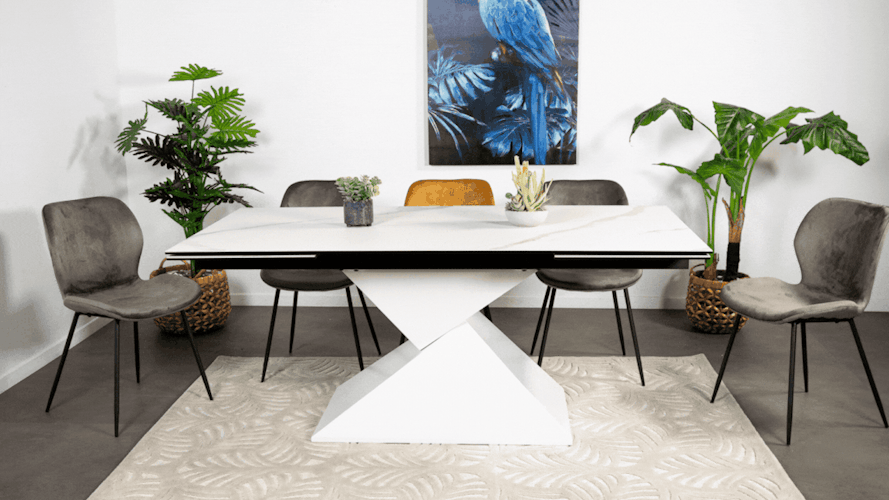 Table en céramique blanche extensible pied design 180-280 LOMBARDIE