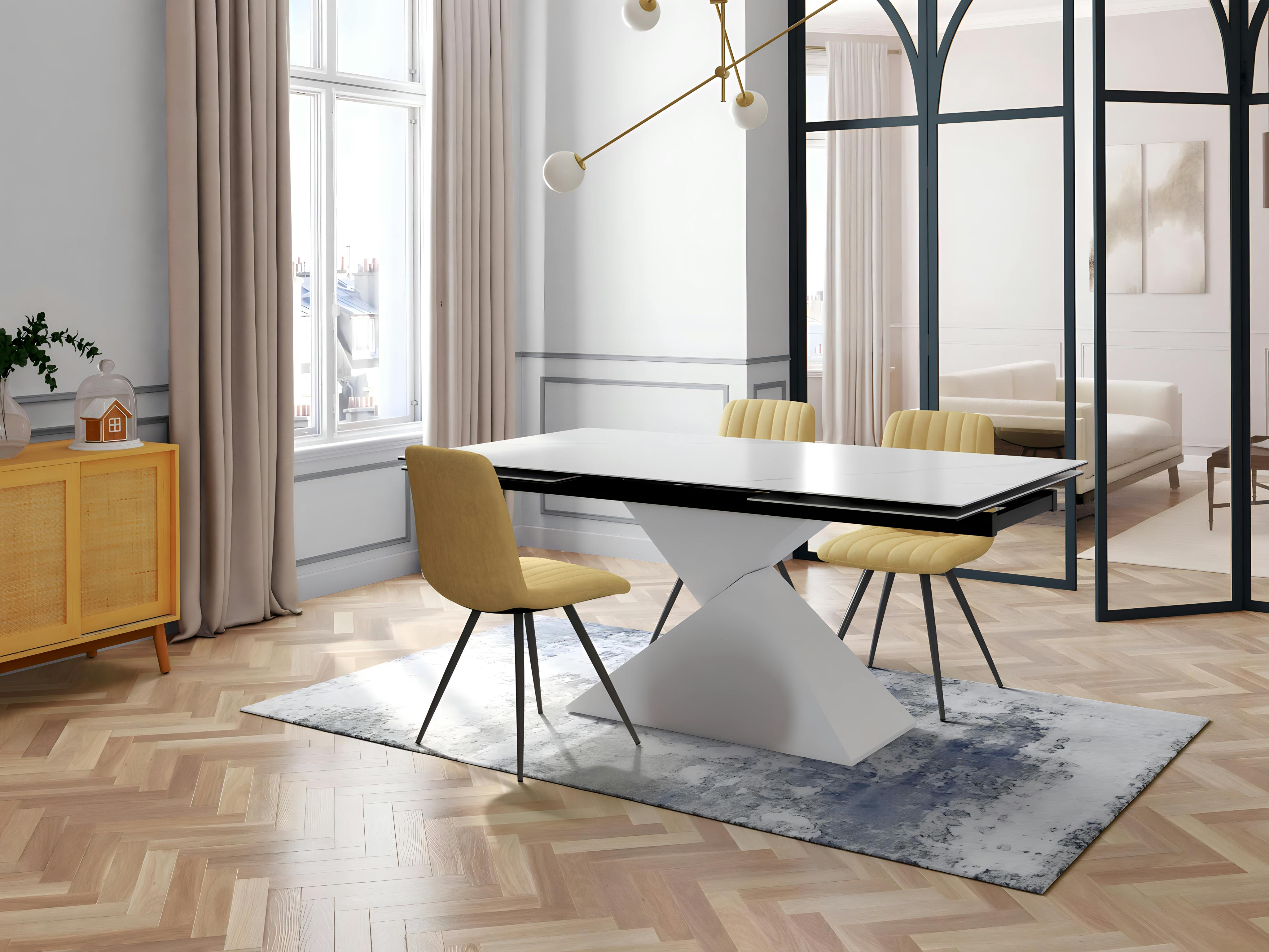 Table en céramique blanche extensible pied design 180-280 LOMBARDIE