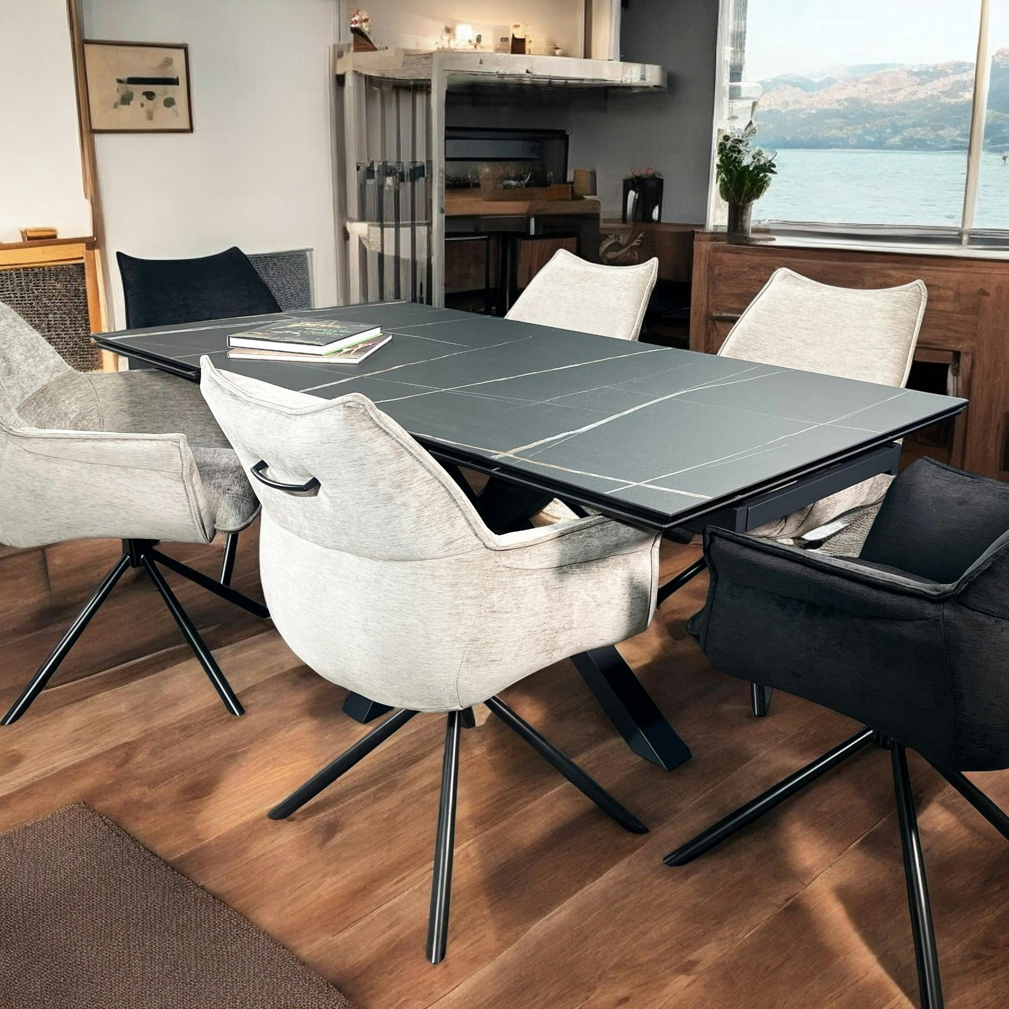 Table en céramique extensible pied étoile effet marbre noir 180-280 cm LOMBARDIE