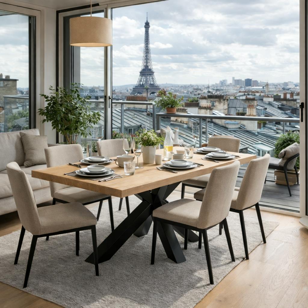 Table extensible bois blanc bords droits pied noir 220 cm PALERME