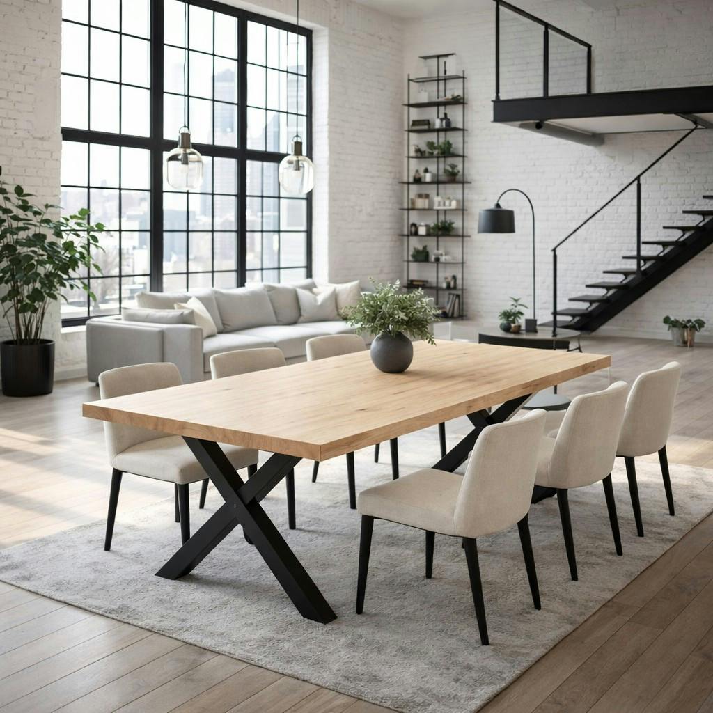 Table extensible bois blanc bords droits pieds en X 220 cm PALERME