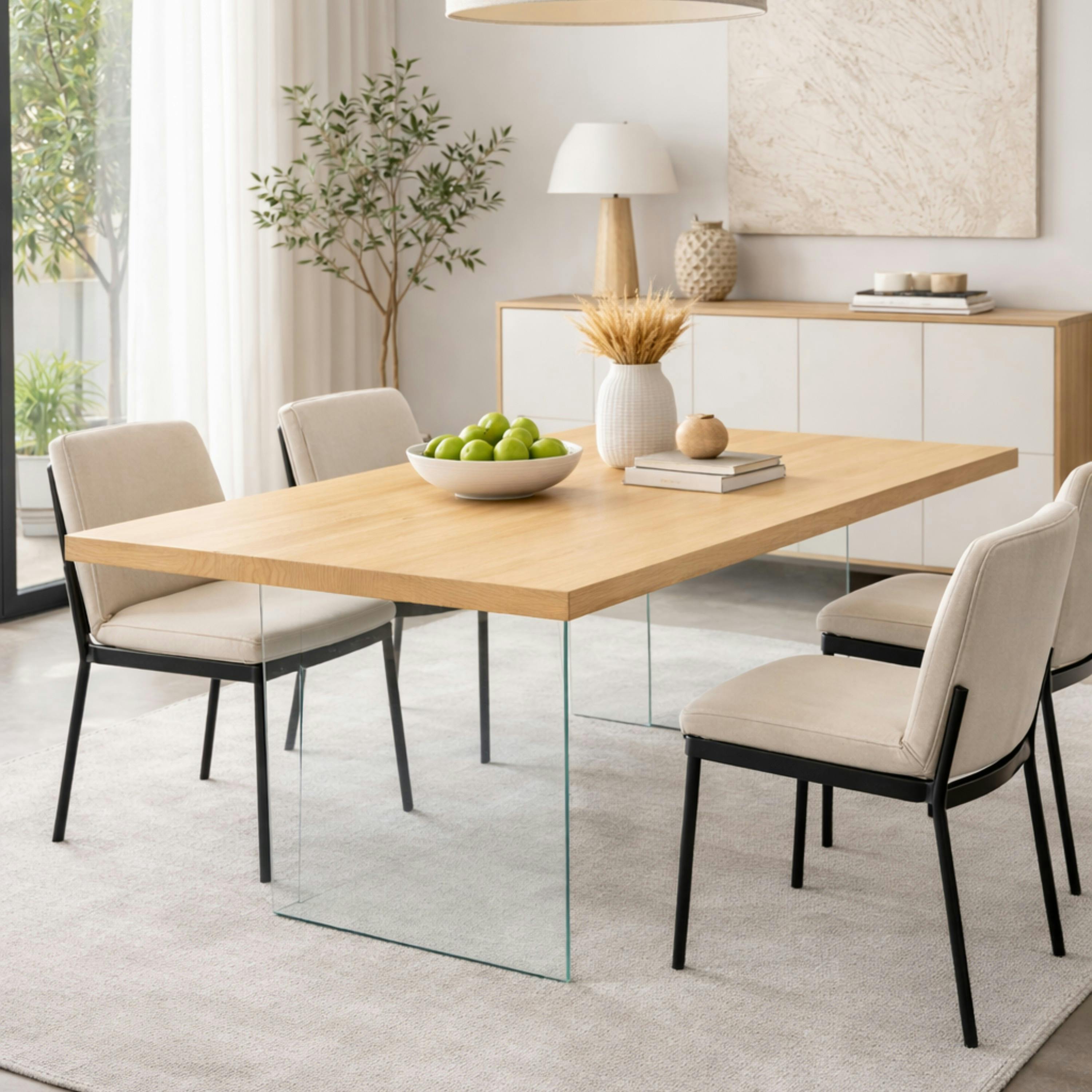 Table extensible bois blanc bords droits pieds verre 200 cm PALERME