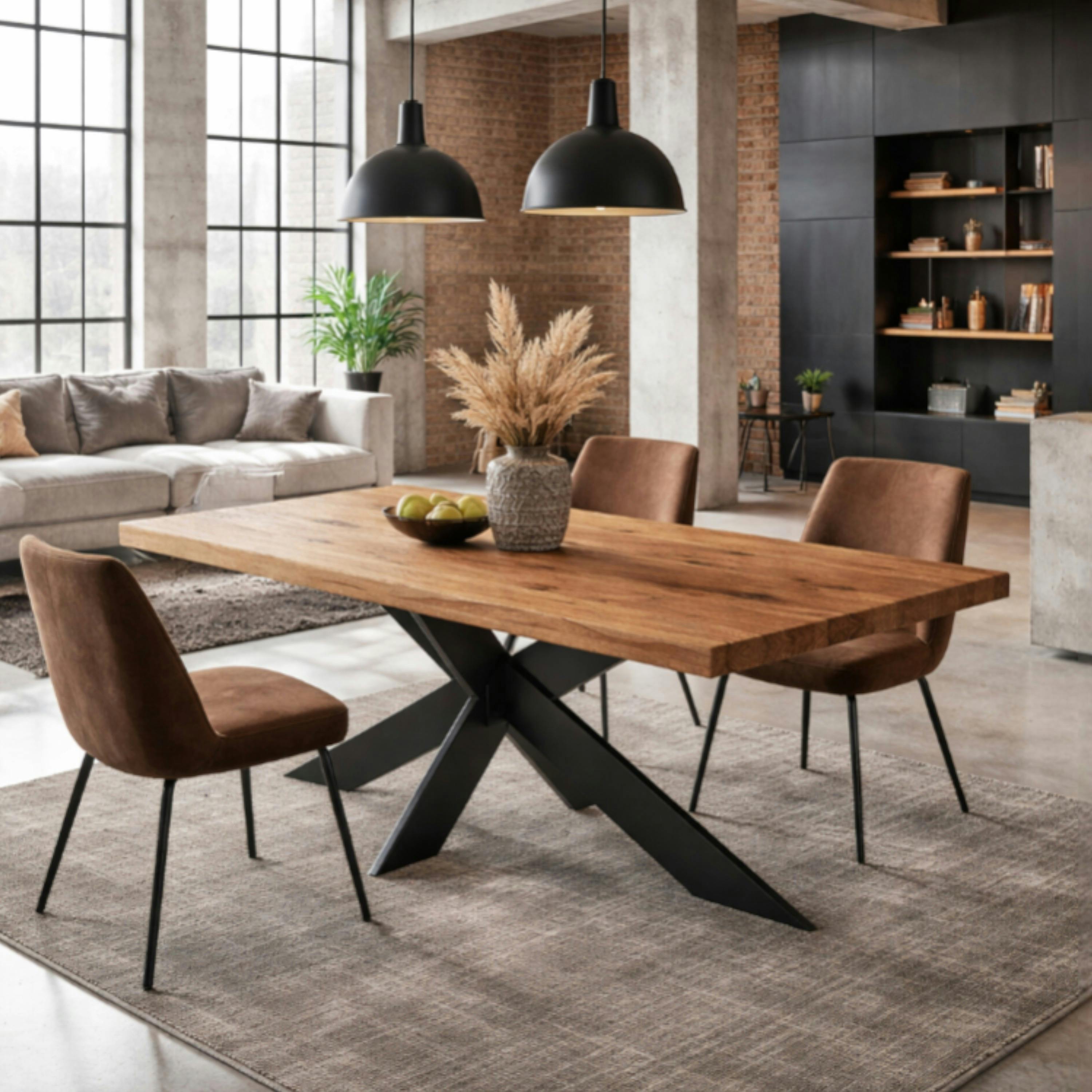 Table extensible bois brun bords droits pied noir fin 200 cm PALERME