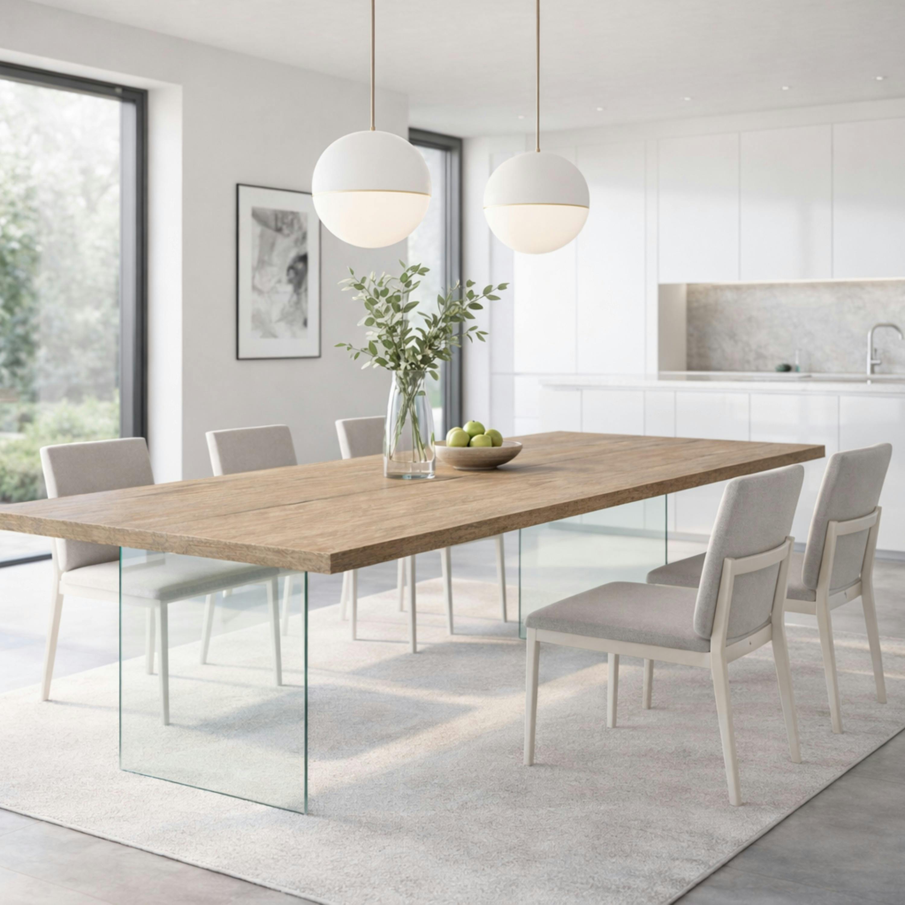 Table extensible bois grisé bords droits pieds verre 220 cm PALERME