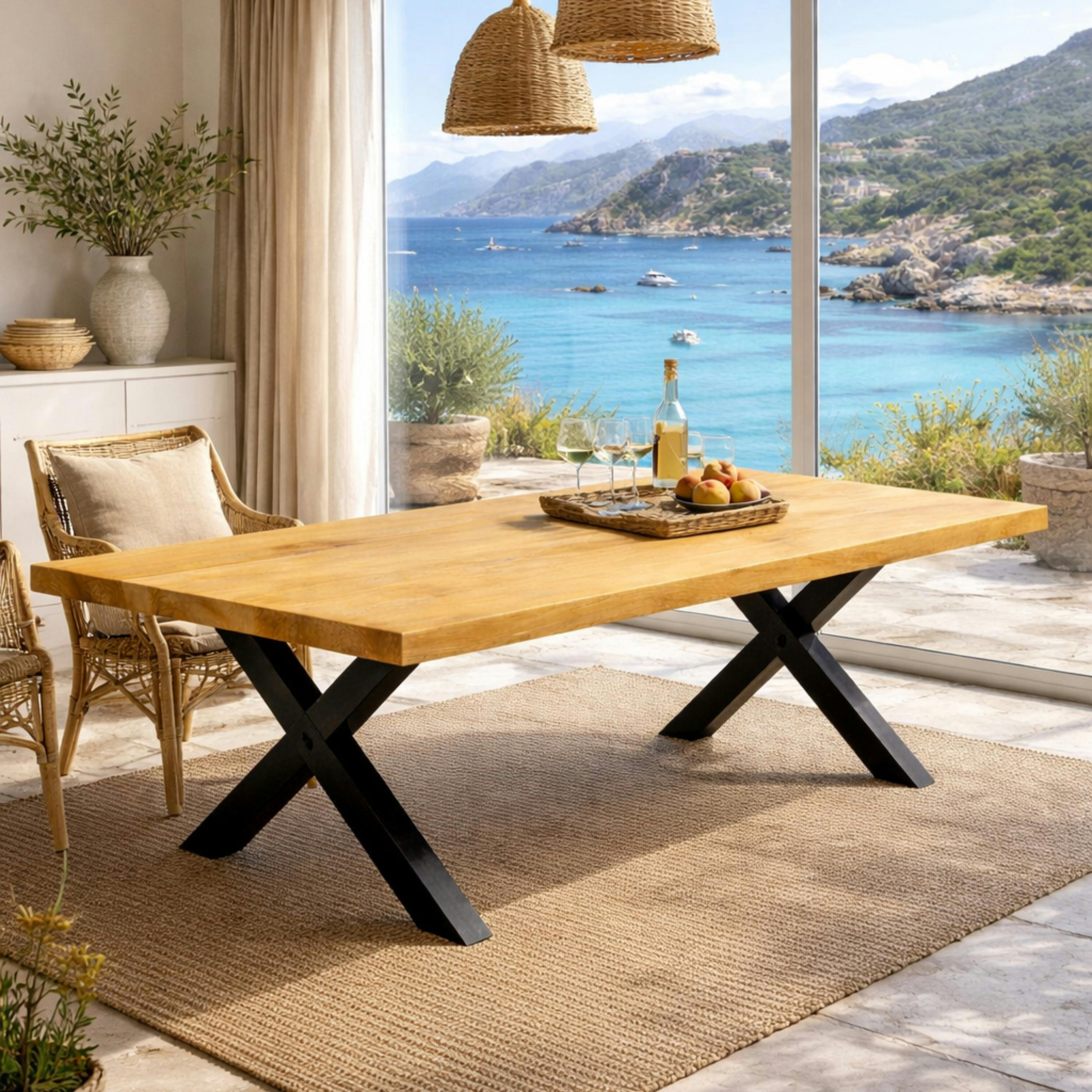 Table extensible bois huilé bords droits pieds en X 180 cm PALERME