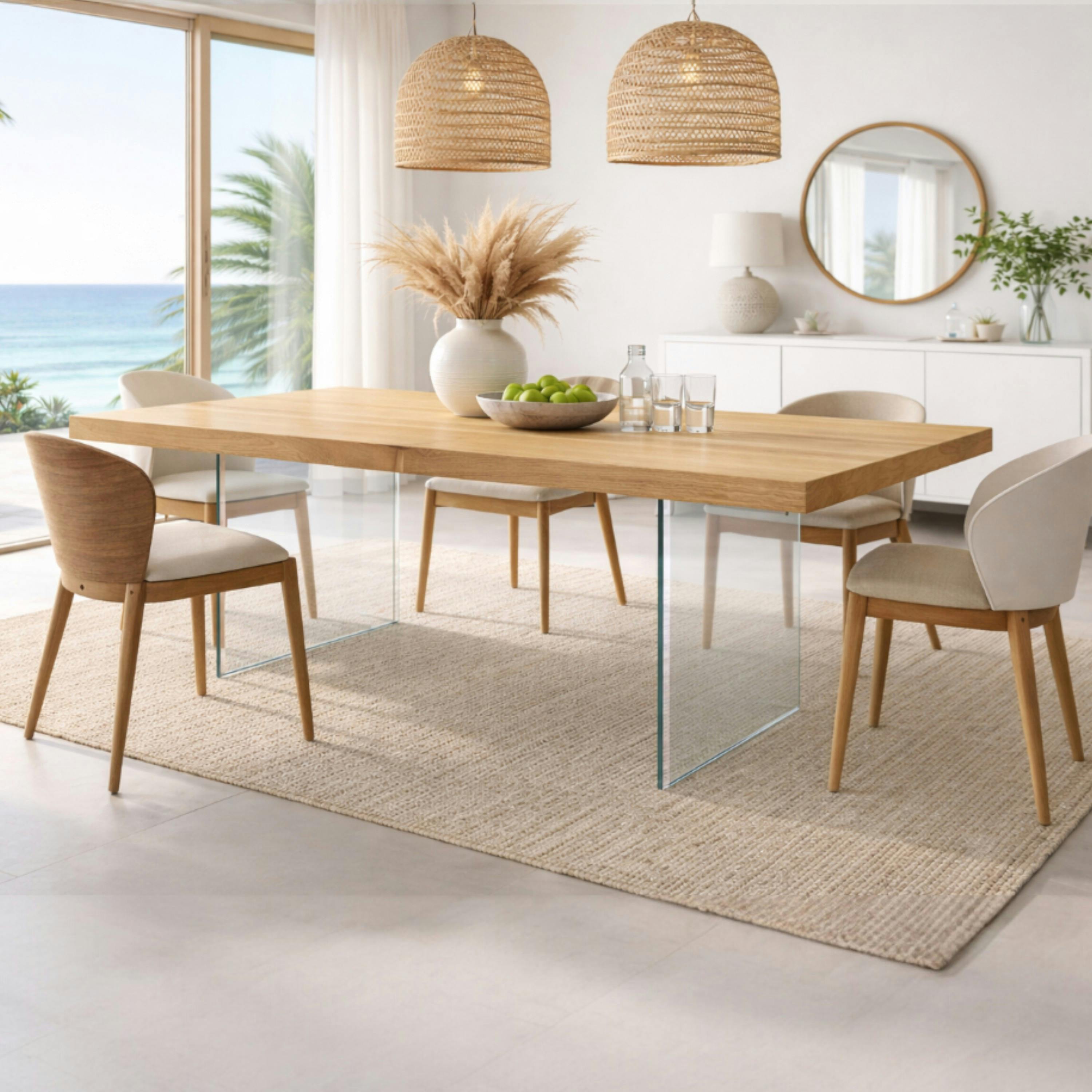 Table extensible bois huilé bords droits pieds verre 200 cm PALERME