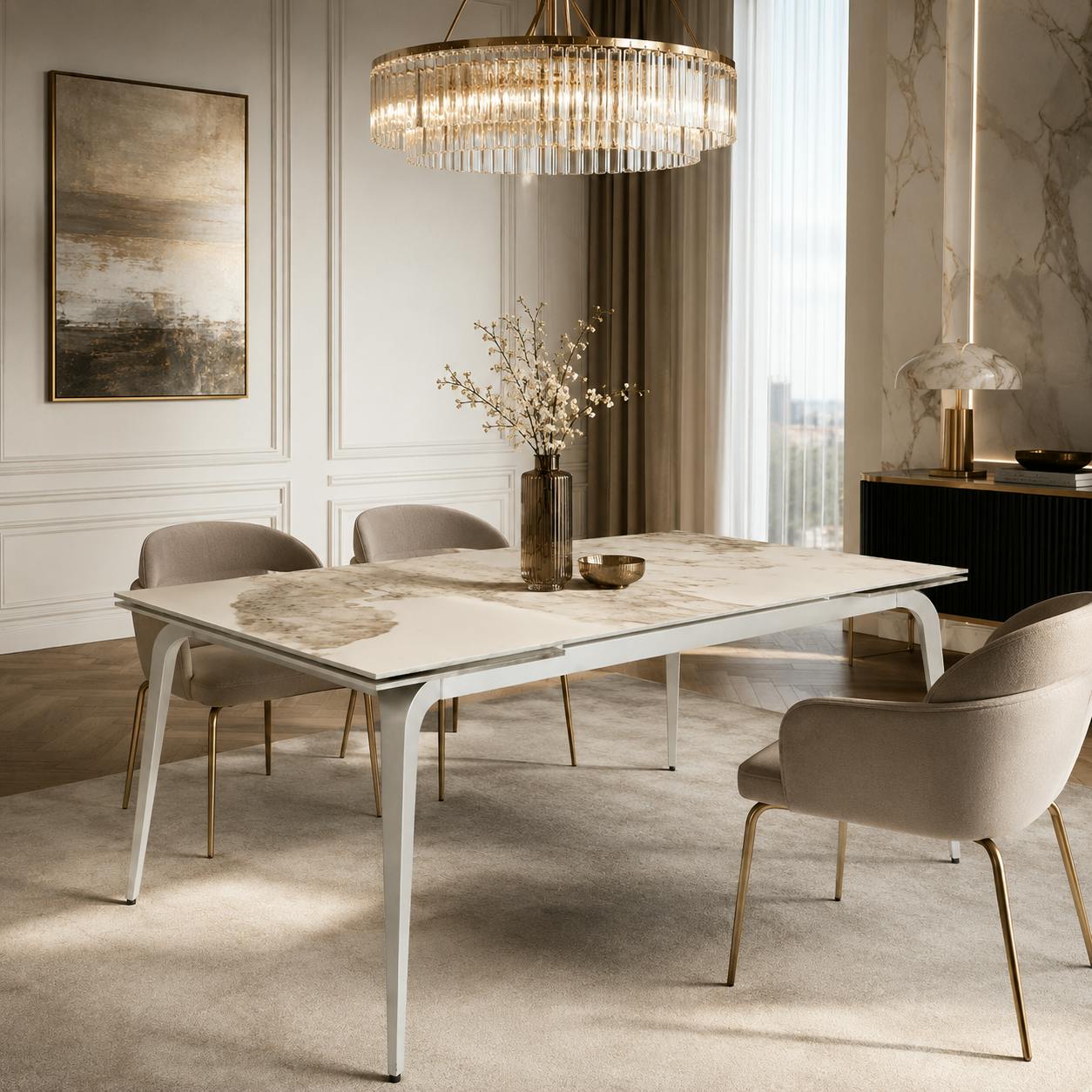 Table extensible céramique effet marbre contrasté 140-220 cm LORA