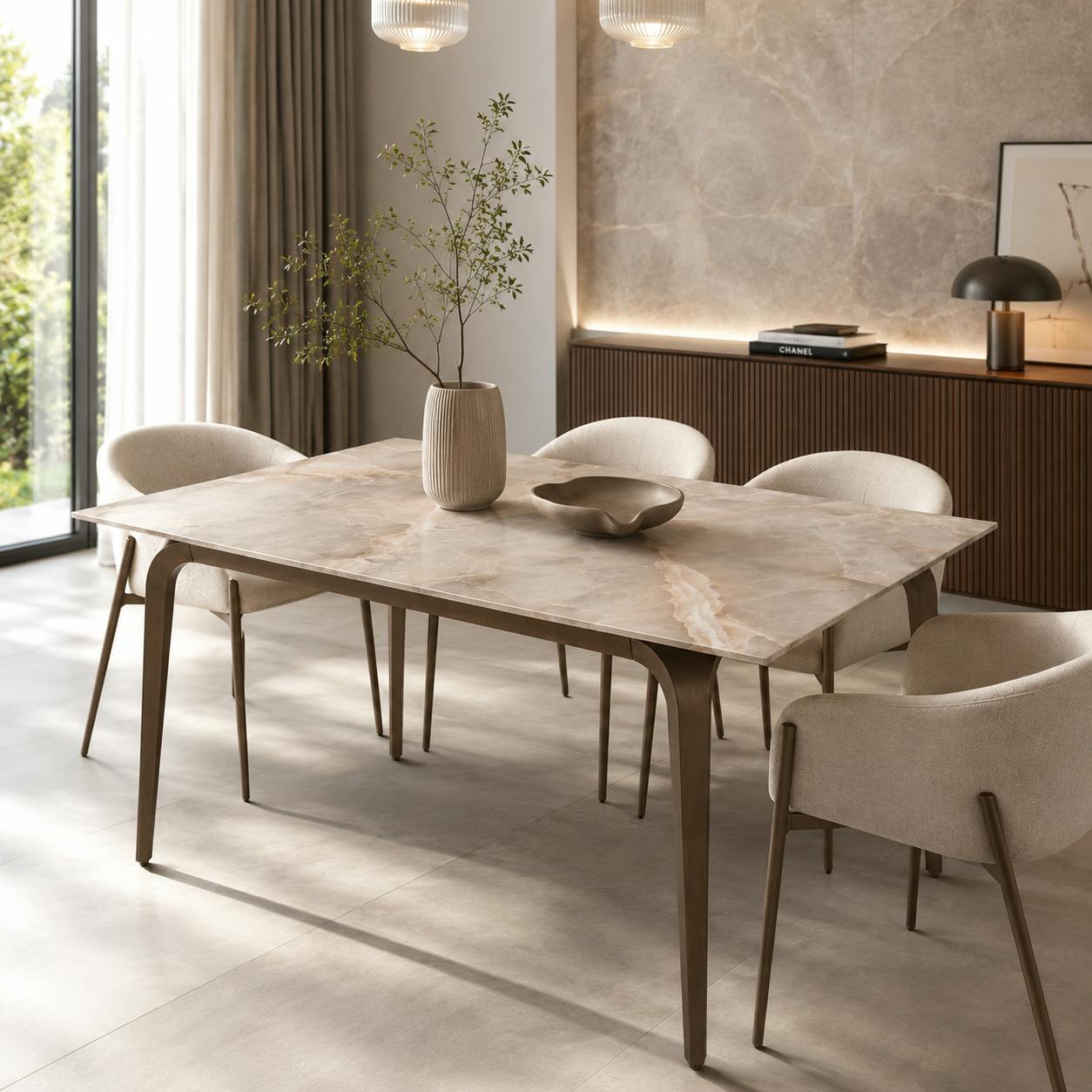 Table extensible céramique effet onyx pieds bronze 140-220 cm LORA