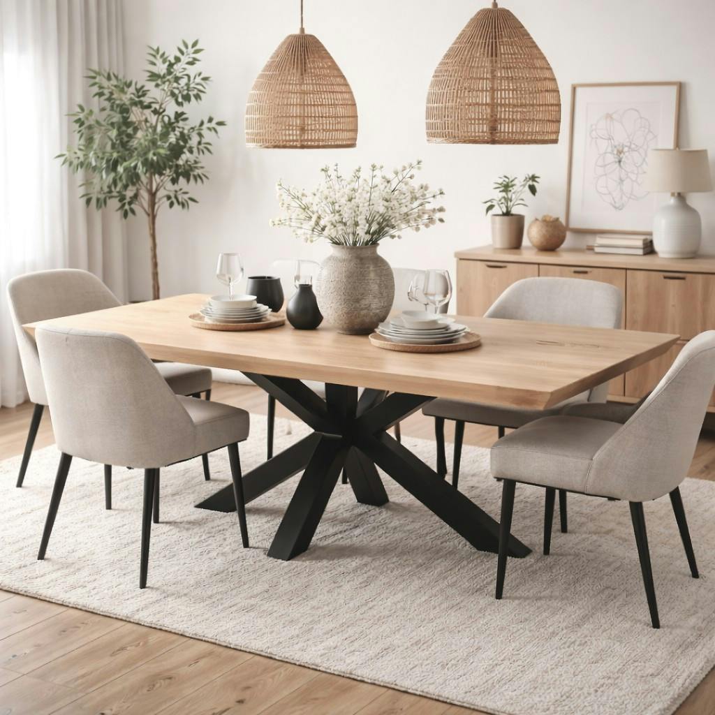 Table extensible chêne blanc bords biseautés pied noir 200 cm PALERME