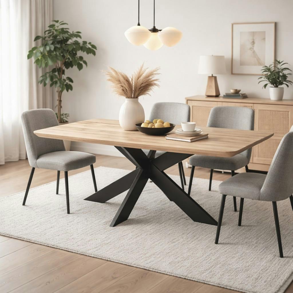 Table extensible chêne blanc bords biseautés pied noir fin 200 cm PALERME