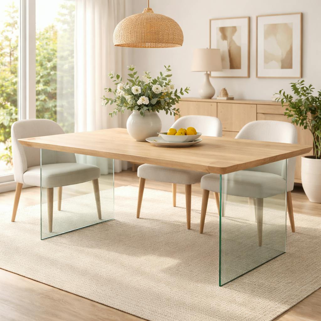 Table extensible chêne blanc bords biseautés pieds verre 180 cm PALERME