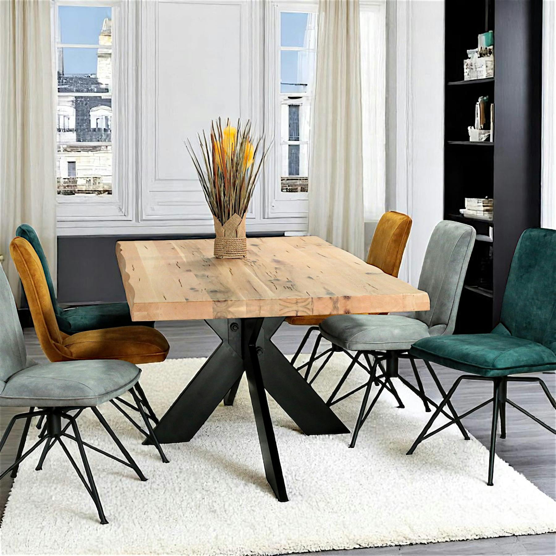 Table extensible chêne blanc bords naturels pied noir fin 220 cm PALERME