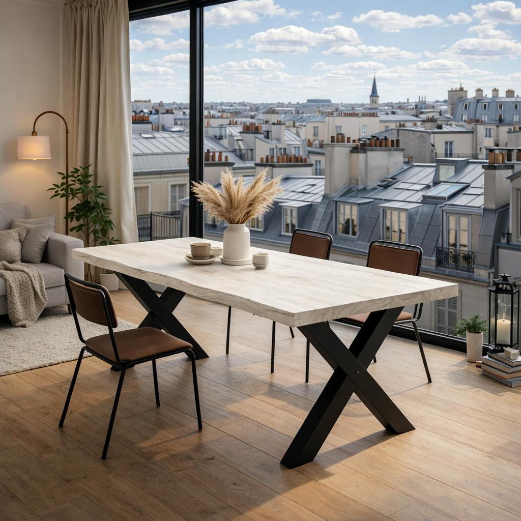 Table extensible chêne blanc bords naturels pieds en X 180 cm PALERME