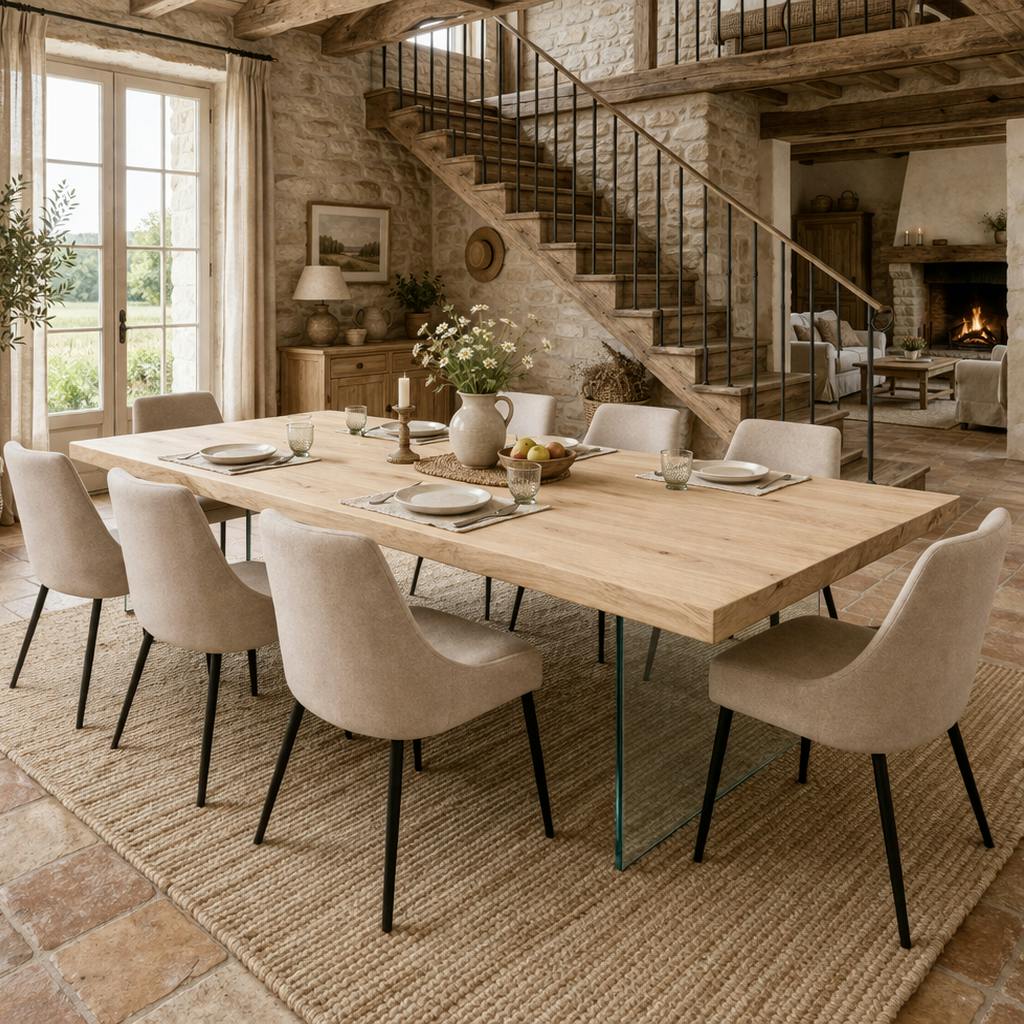 Table extensible chêne blanc bords naturels pieds verre 180 cm PALERME