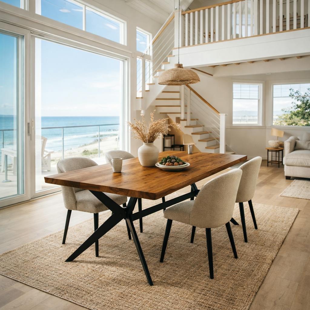 Table extensible chêne brun bords biseautés pied graphique 240 cm PALERME