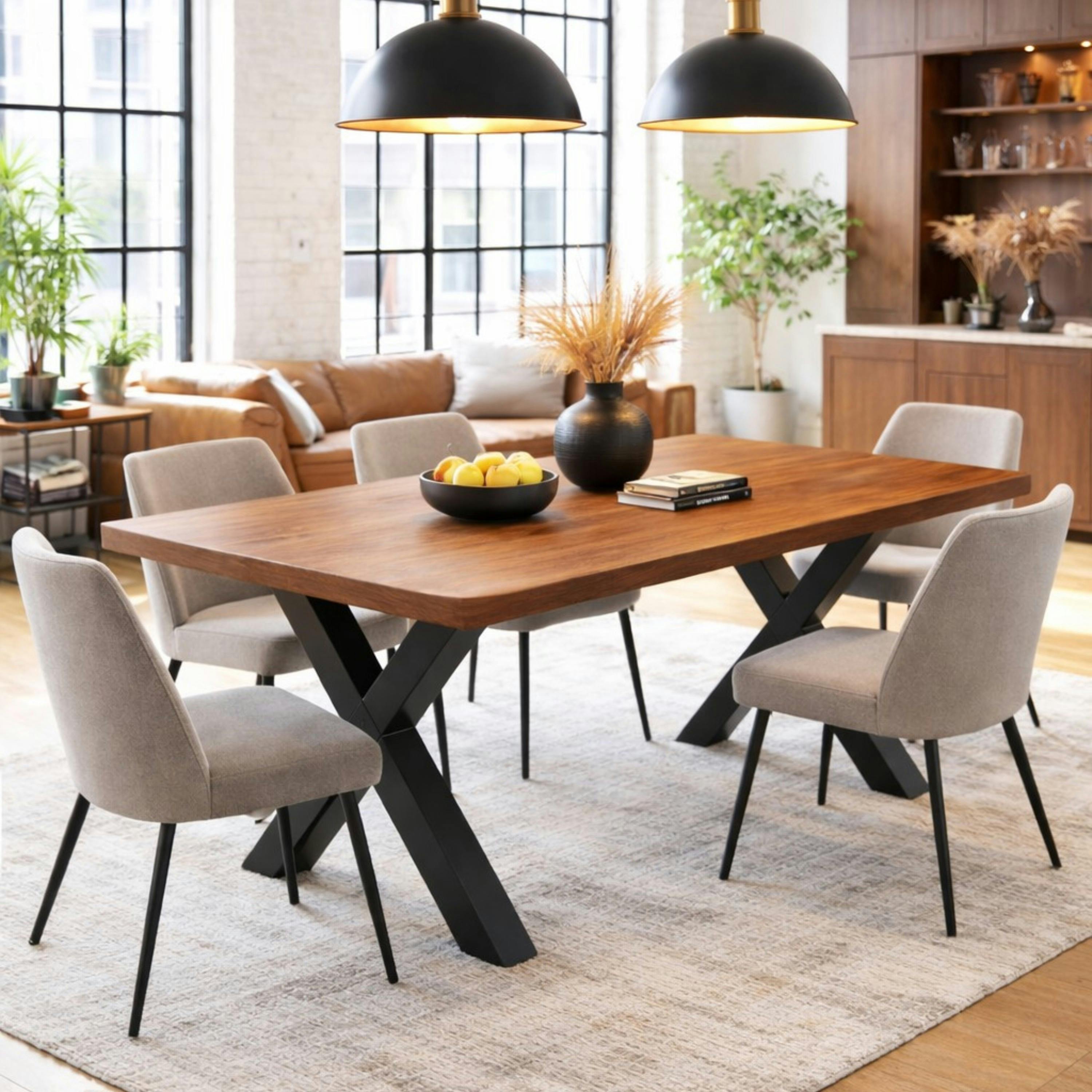 Table extensible chêne brun bords biseautés pieds en X 180 cm PALERME