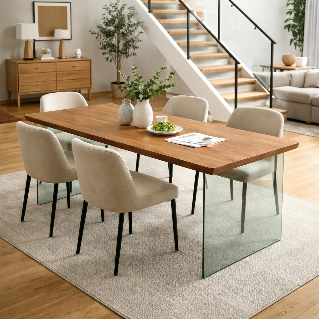 Table extensible chêne brun bords biseautés pieds verre 240 cm PALERME