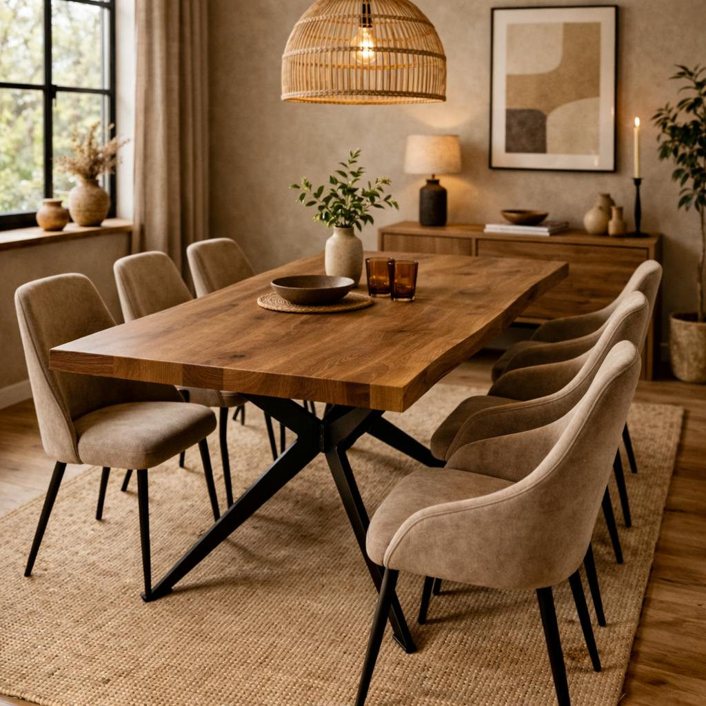 Table extensible chêne brun bords naturels pied graphique 240 cm PALERME