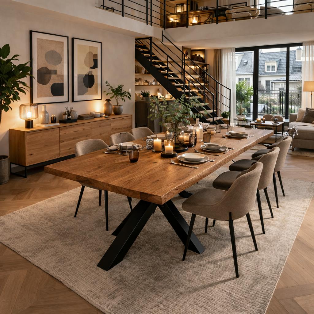 Table extensible chêne brun bords naturels pied noir 240 cm PALERME