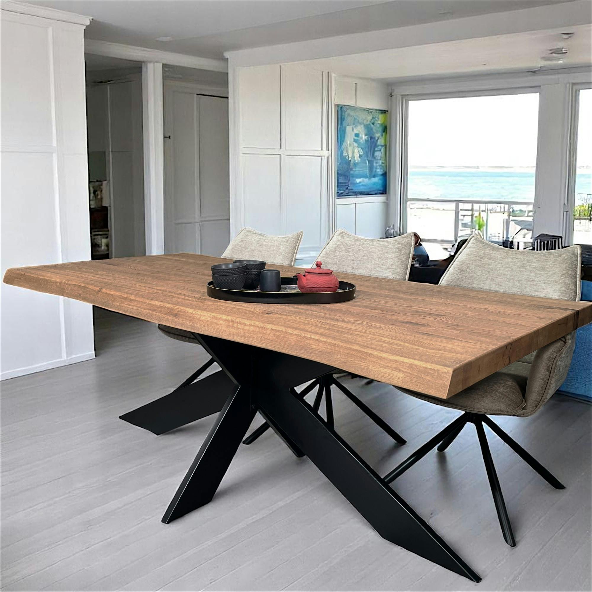 Table extensible chêne brun bords naturels pied noir fin 240 cm PALERME