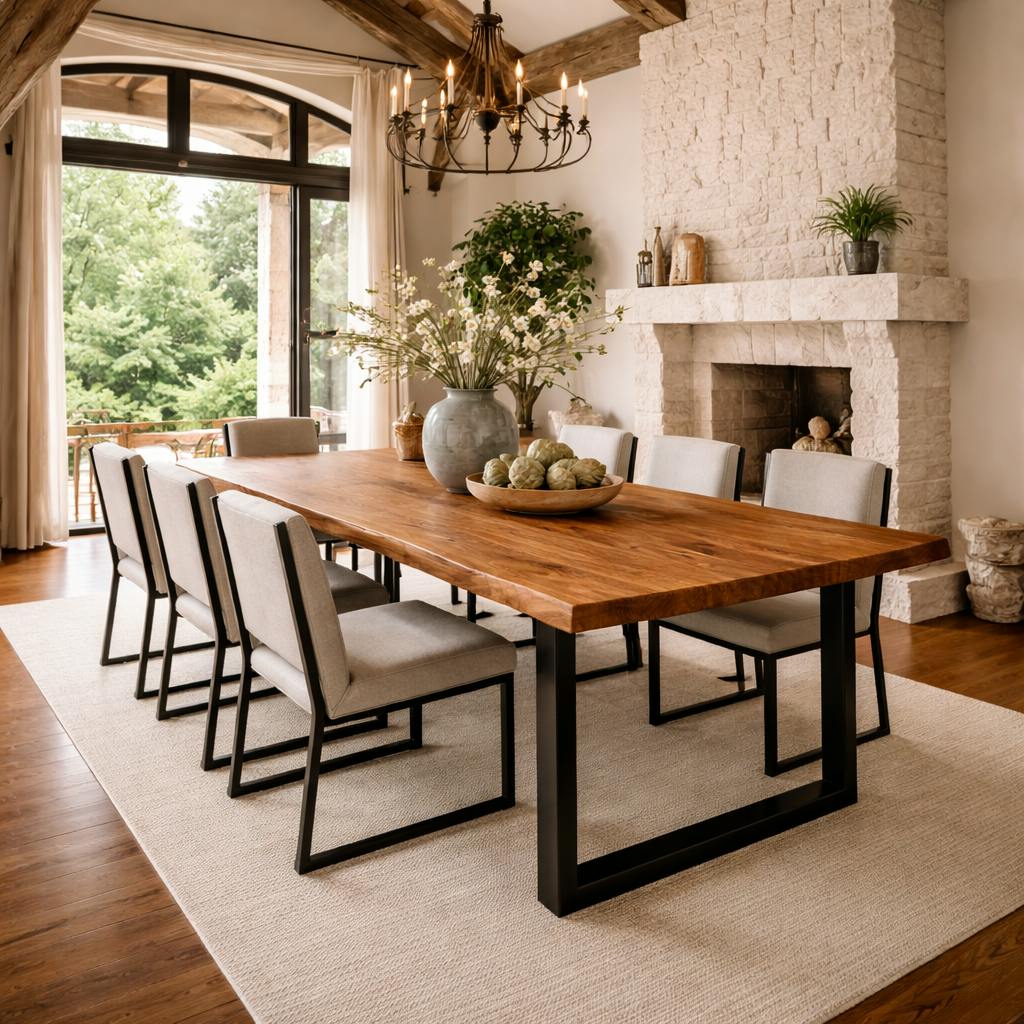 Table extensible chêne brun bords naturels pieds en U 180 cm PALERME