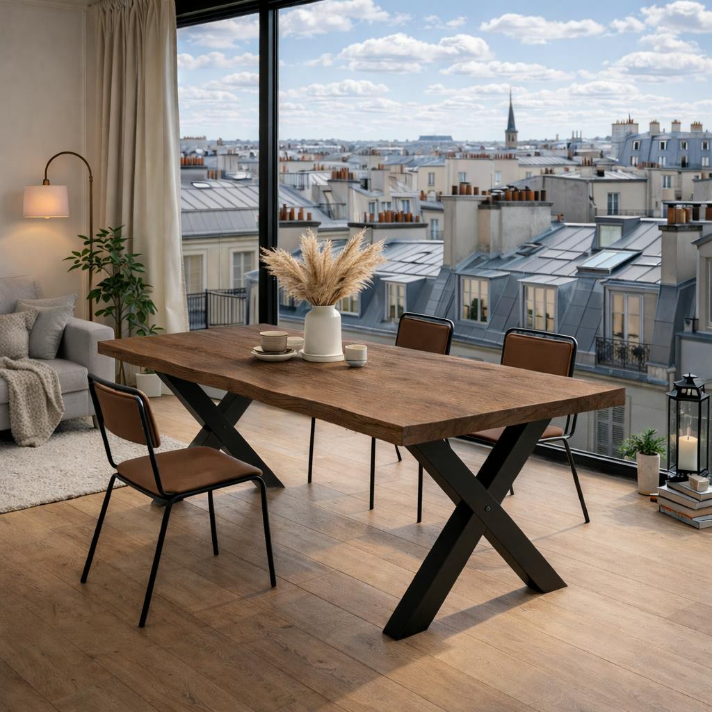 Table extensible chêne brun bords naturels pieds en X 200 cm PALERME