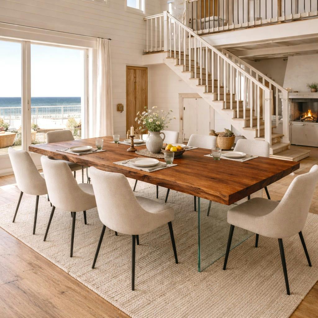 Table extensible chêne brun bords naturels pieds verre 200 cm PALERME