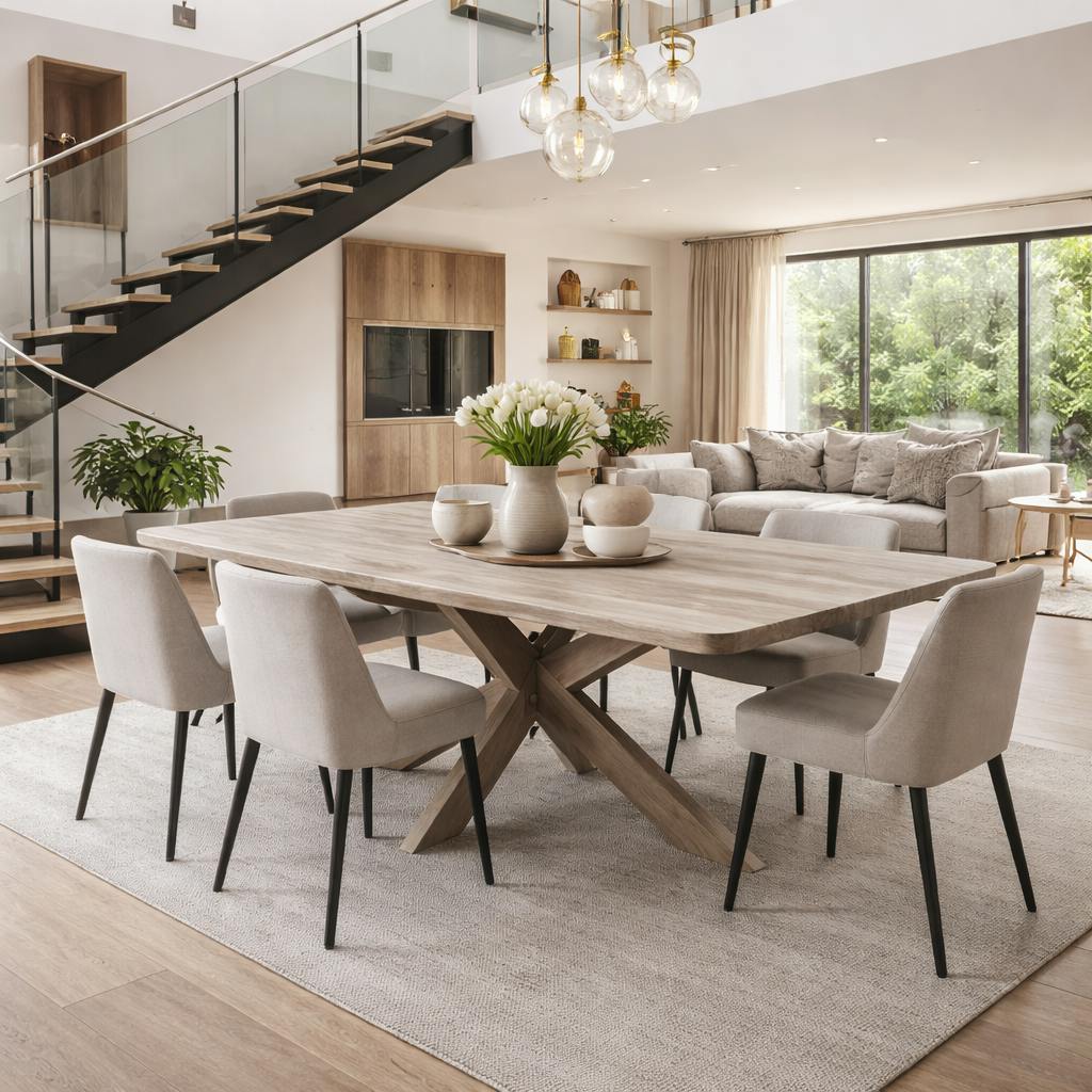 Table extensible chêne grisé bords biseautés pied bois 200 cm PALERME