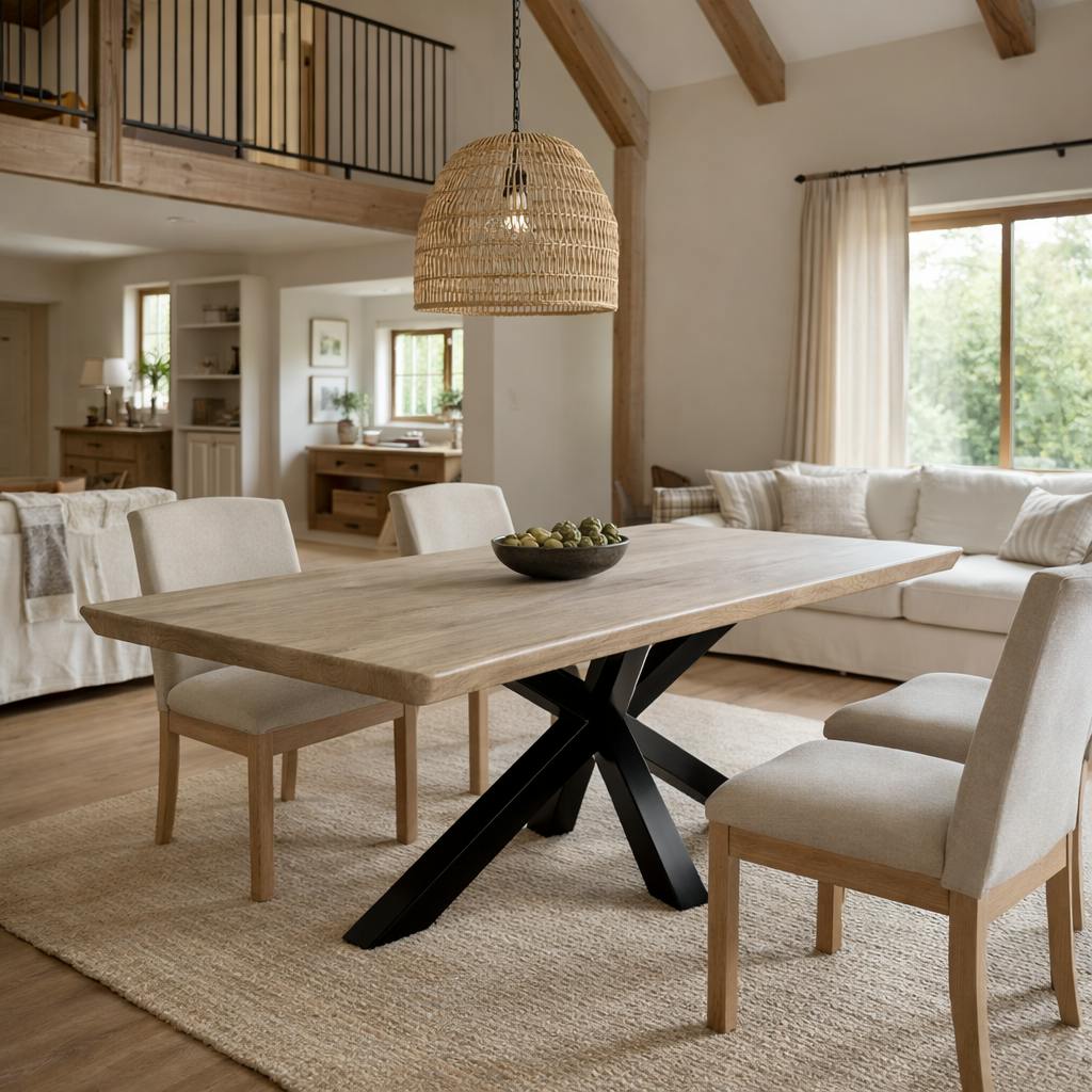 Table extensible chêne grisé bords biseautés pied noir 180 cm PALERME