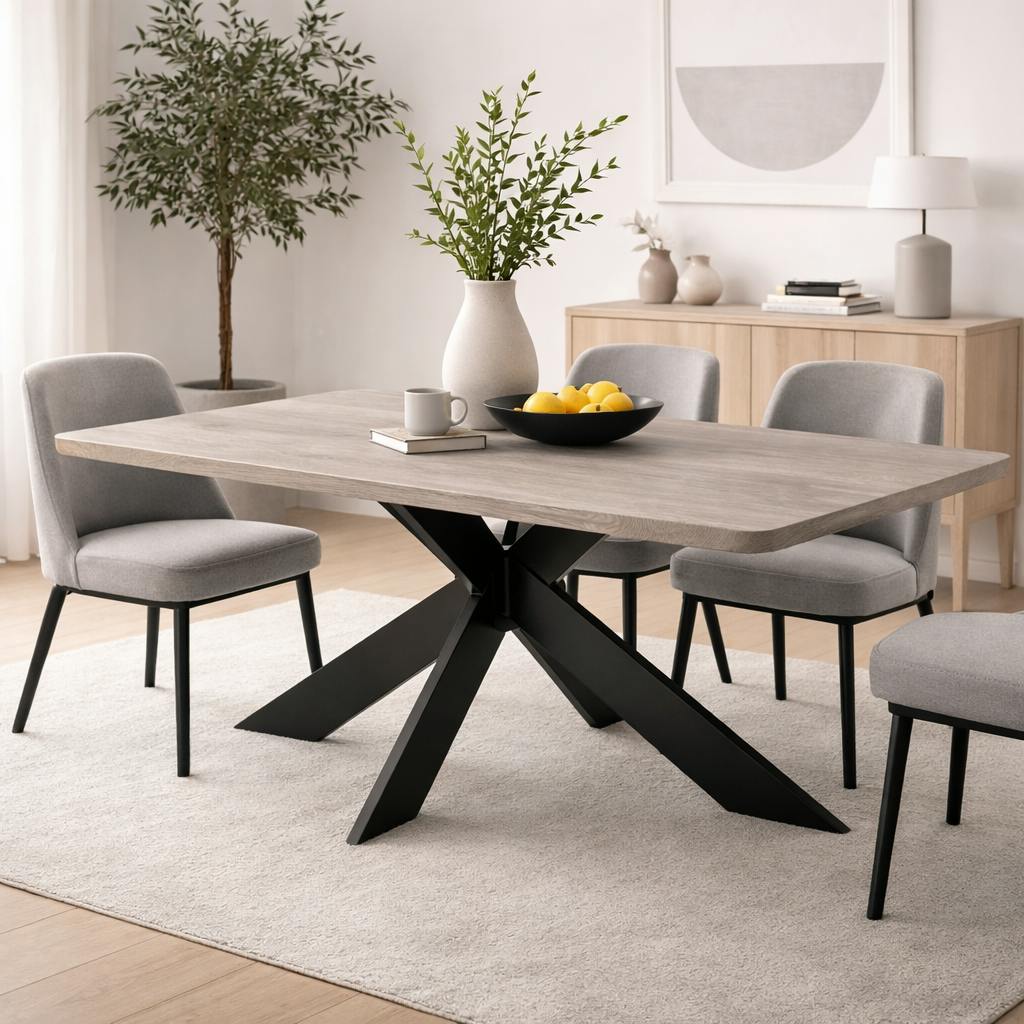 Table extensible chêne grisé bords biseautés pied noir fin 220 cm PALERME