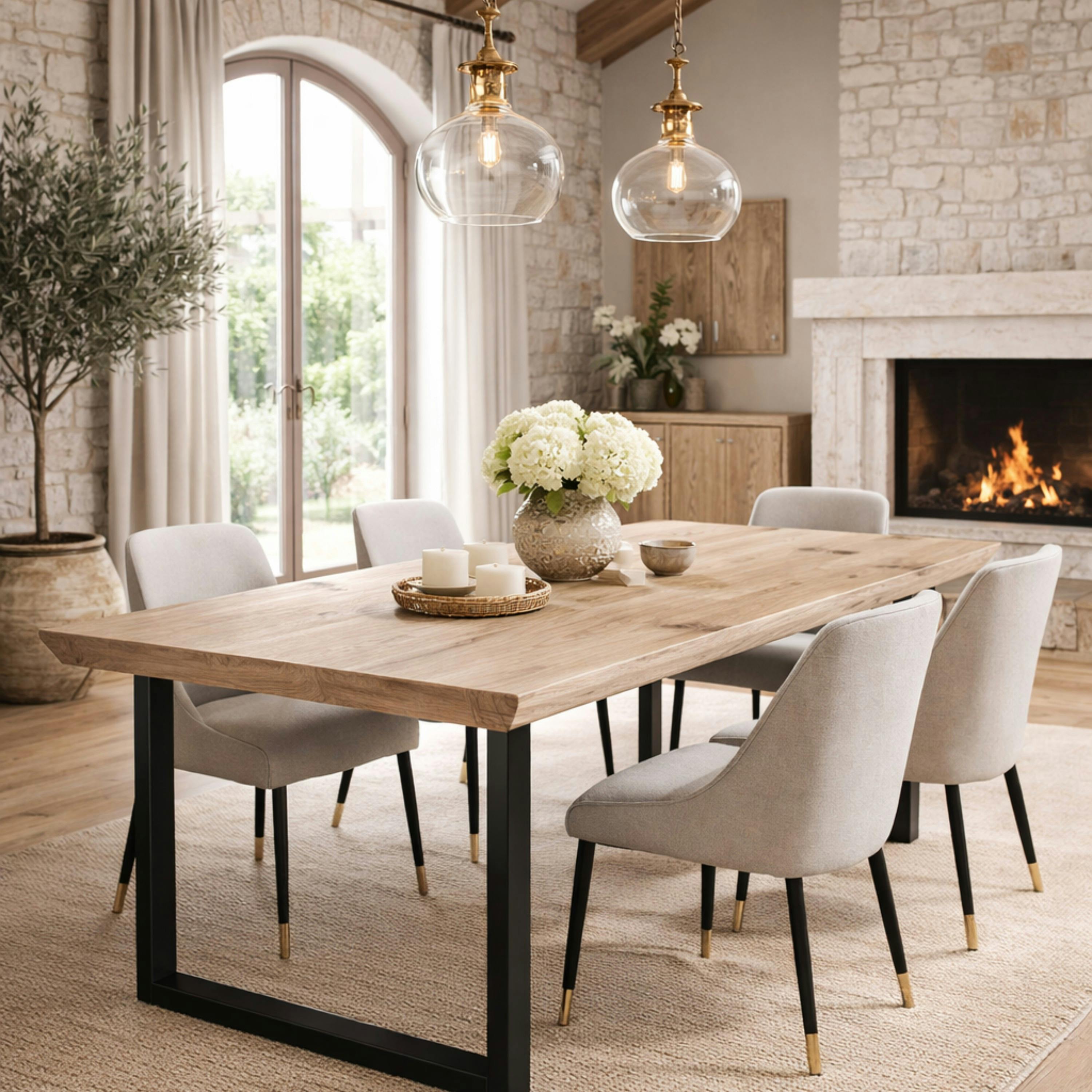 Table extensible chêne grisé bords biseautés pieds en U 220 cm PALERME