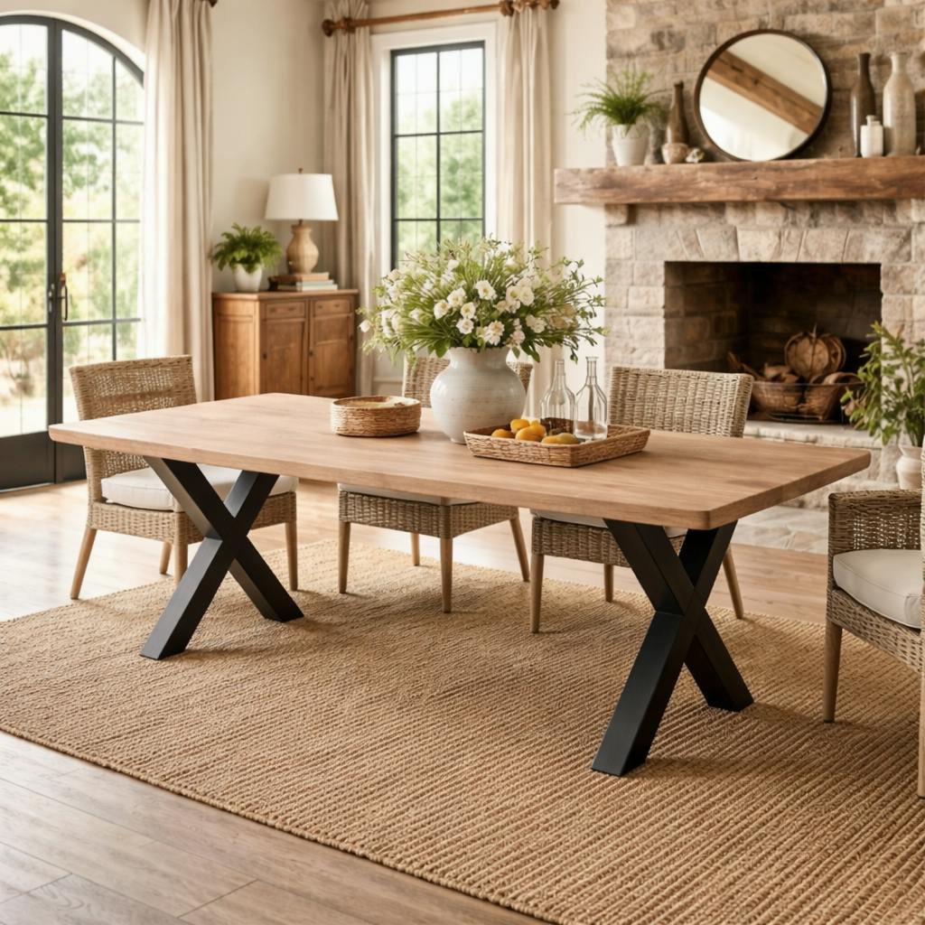 Table extensible chêne grisé bords biseautés pieds en X 200 cm PALERME