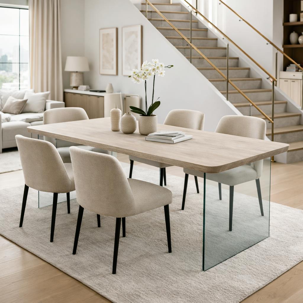 Table extensible chêne grisé bords biseautés pieds verre 200 cm PALERME