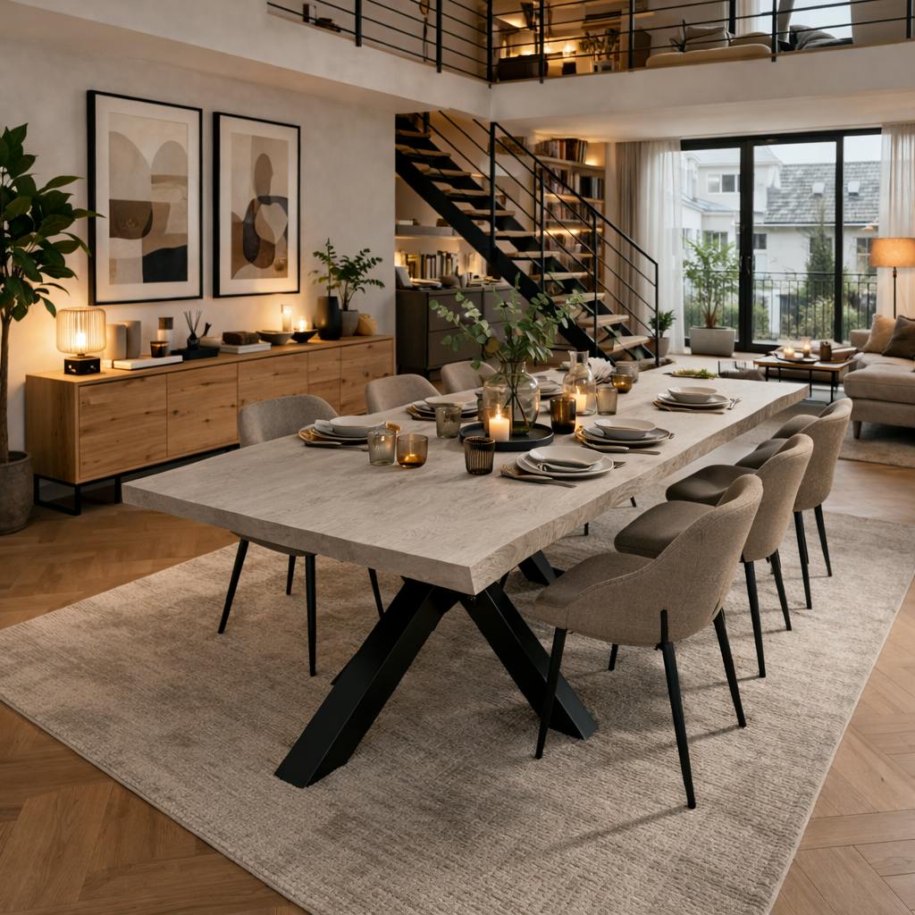 Table extensible chêne grisé bords naturels pied noir 220 cm PALERME