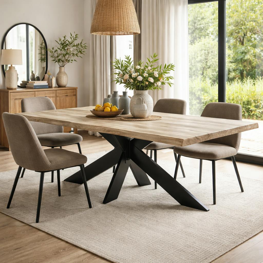 Table extensible chêne grisé bords naturels pied noir fin 240 cm PALERME