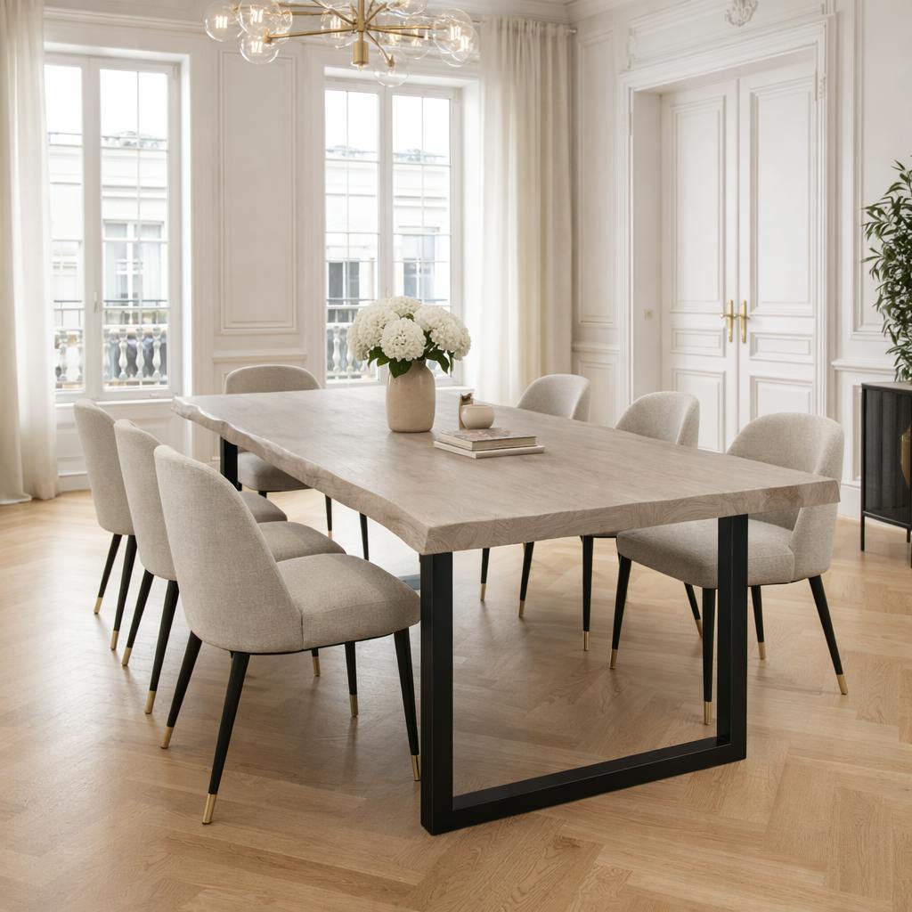 Table extensible chêne grisé bords naturels pieds en U 180 cm PALERME