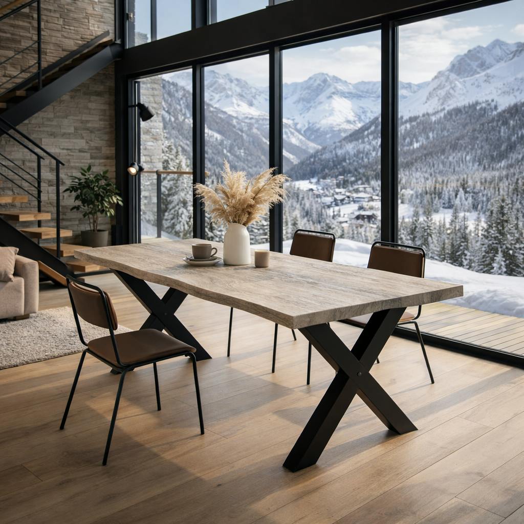 Table extensible chêne grisé bords naturels pieds en X 220 cm PALERME