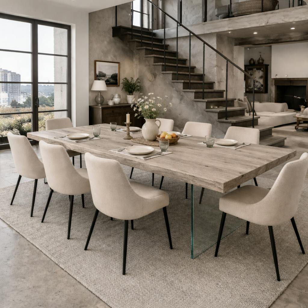 Table extensible chêne grisé bords naturels pieds verre 180 cm PALERME