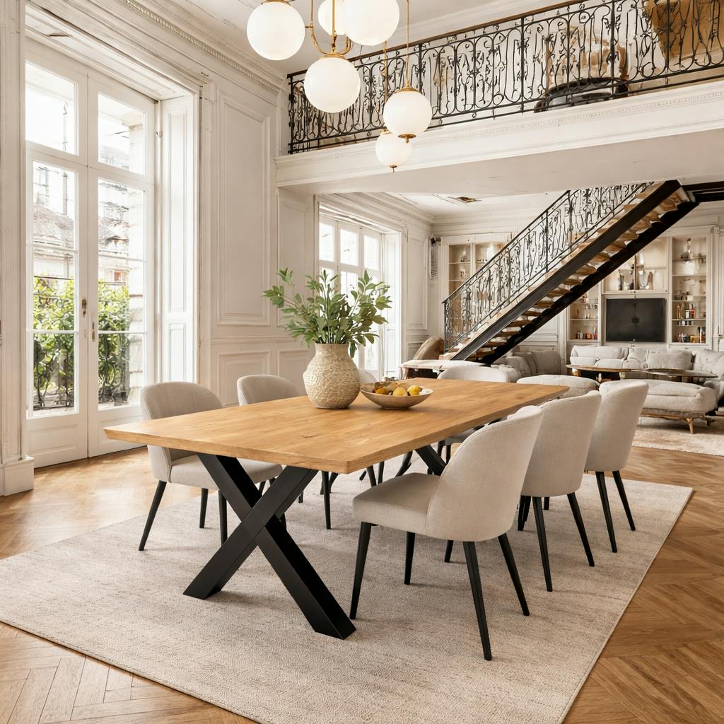 Table extensible chêne huilé bords biseautés pieds en X 240 cm PALERME