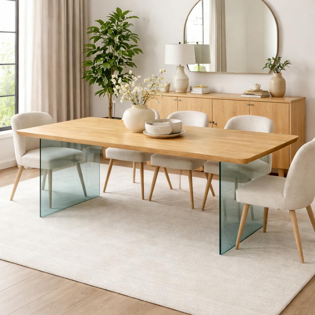 Table extensible chêne huilé bords biseautés pieds verre 240 cm PALERME